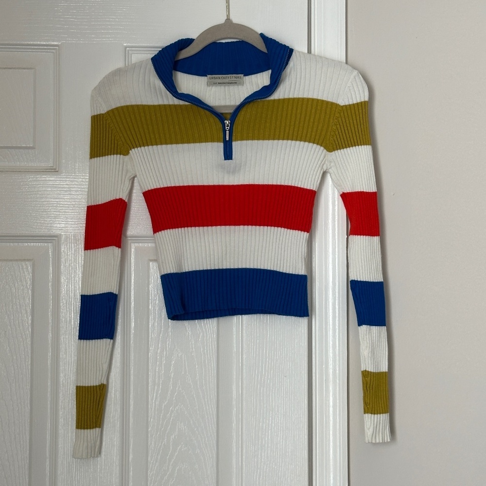 Urban Outfitters Ribbed Cropped Sweater Women Small Striped Quarter Zip